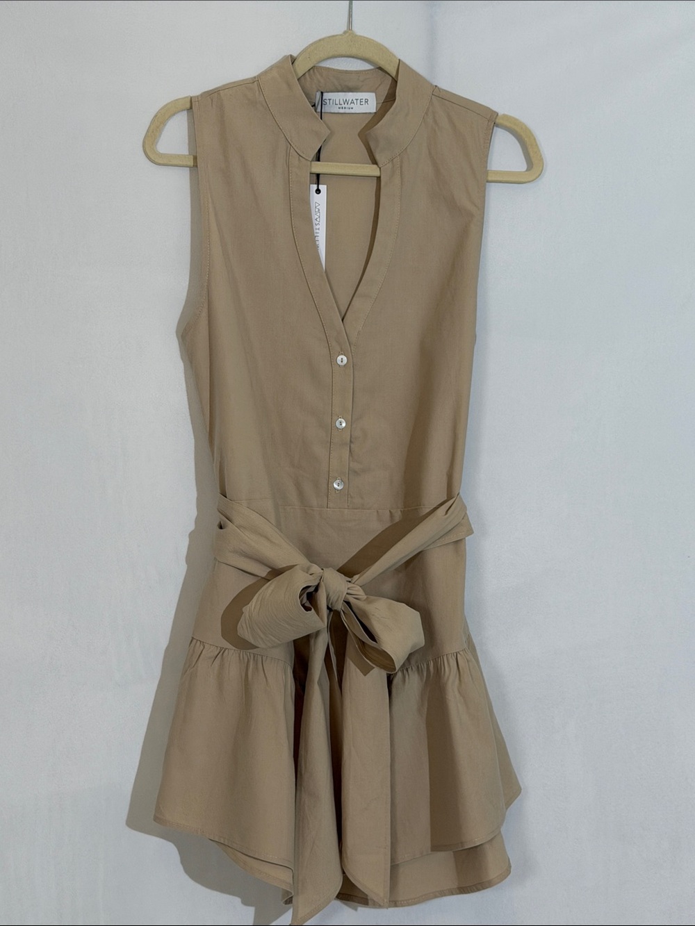 NWT Stillwater Mini Dress Size M Tan Tie Front Shirt Dress